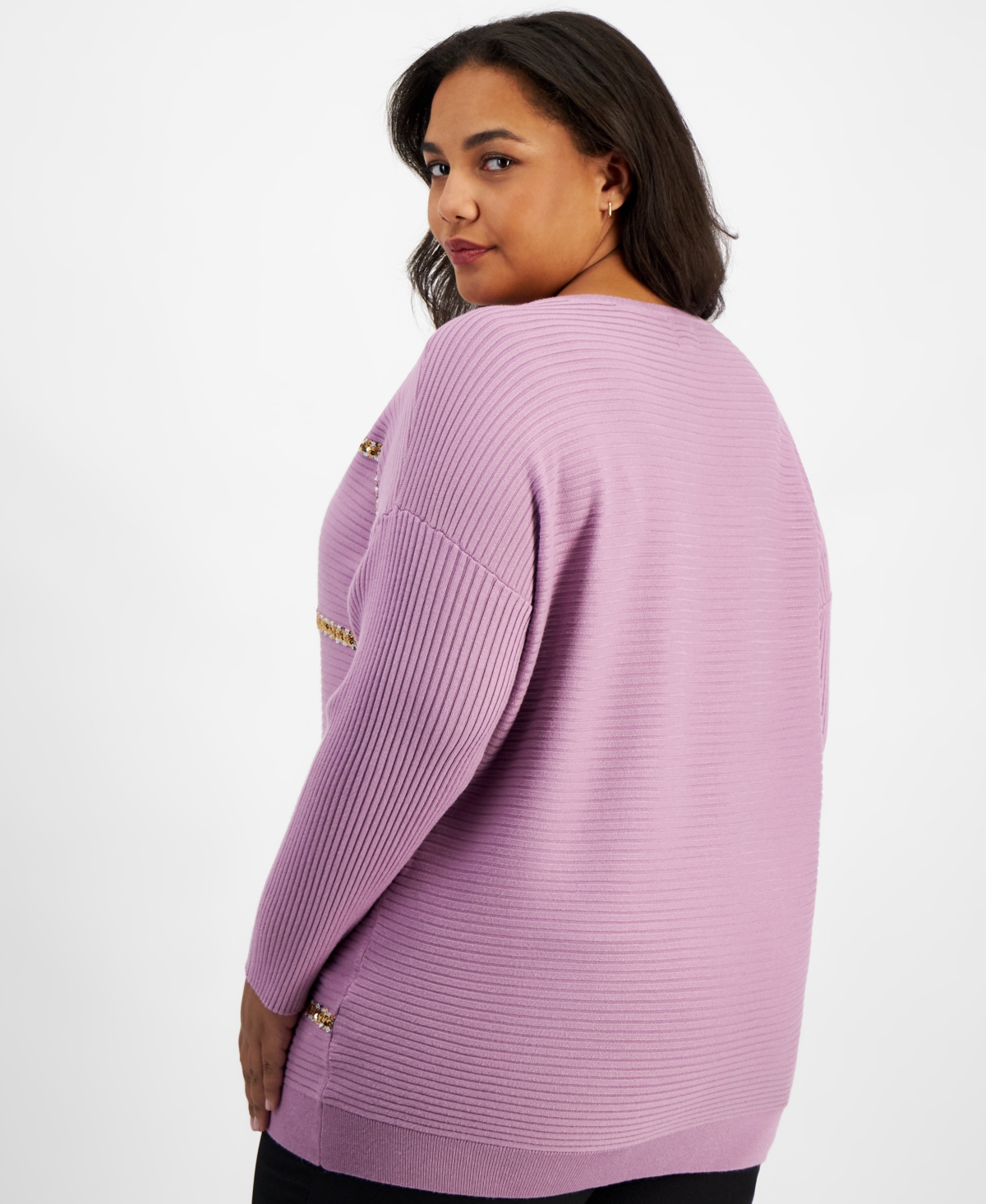 JM COLLECTION PLUS SIZE SEQUIN-STRIPE BOAT-NECK SWEATER, CREATED FOR MACY'S 