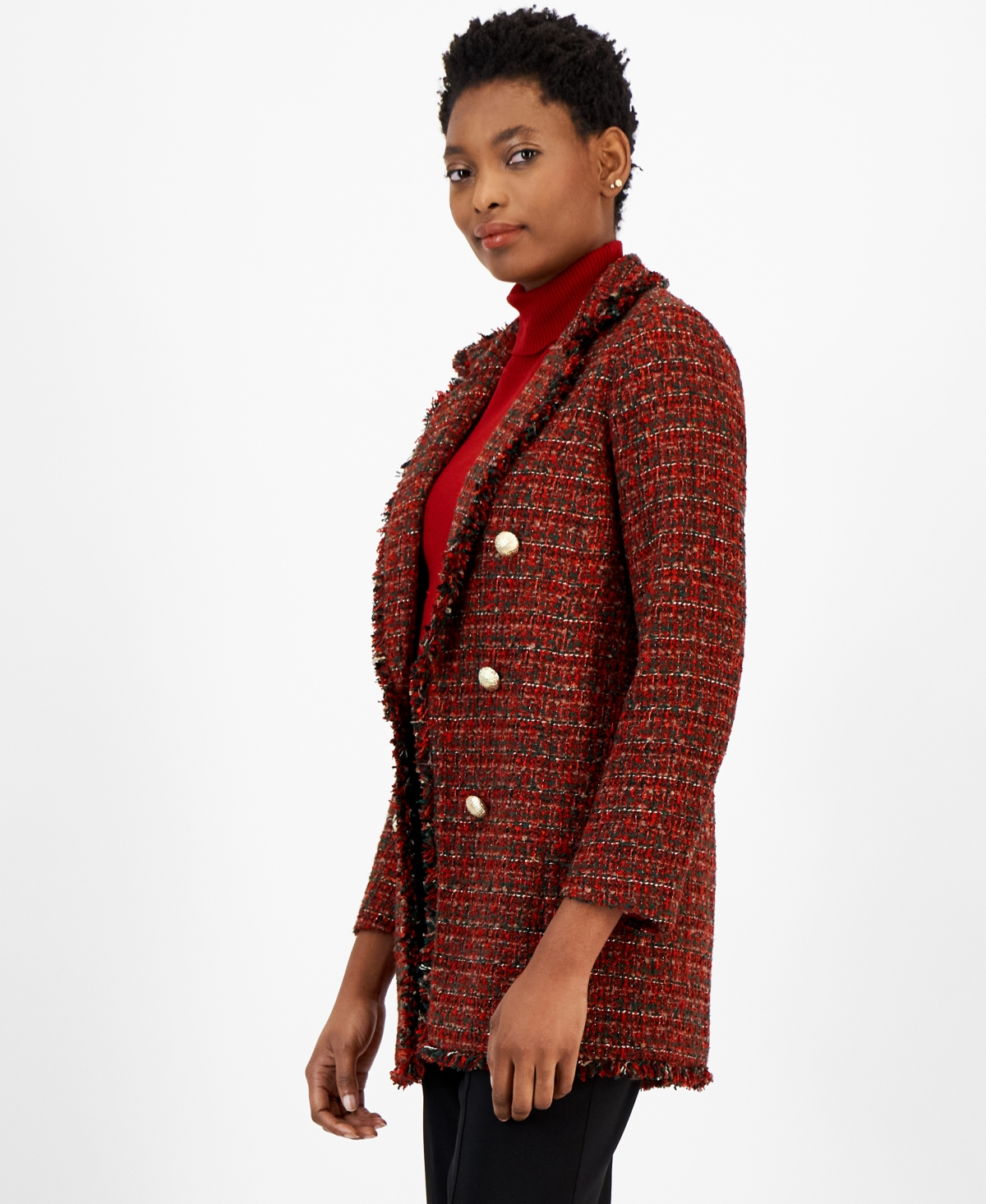 Anne Klein Women's Faux-Double-Breasted Fringe-Trim Tweed Jacket