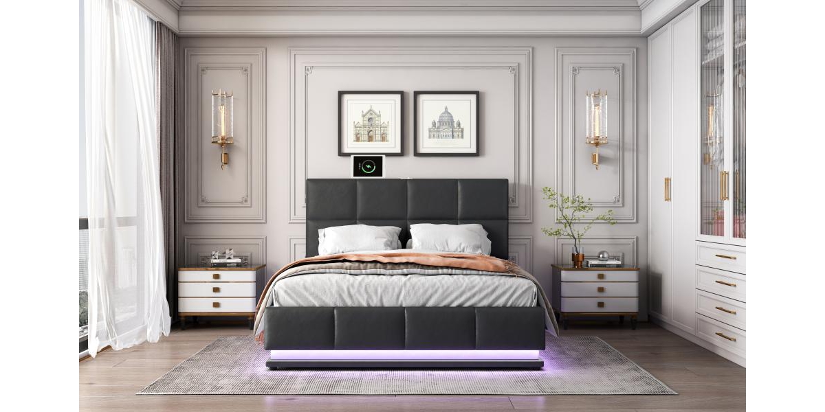 Streamdale Furniture Size Tufted Storage Bed with Led Lights & Usb Charger