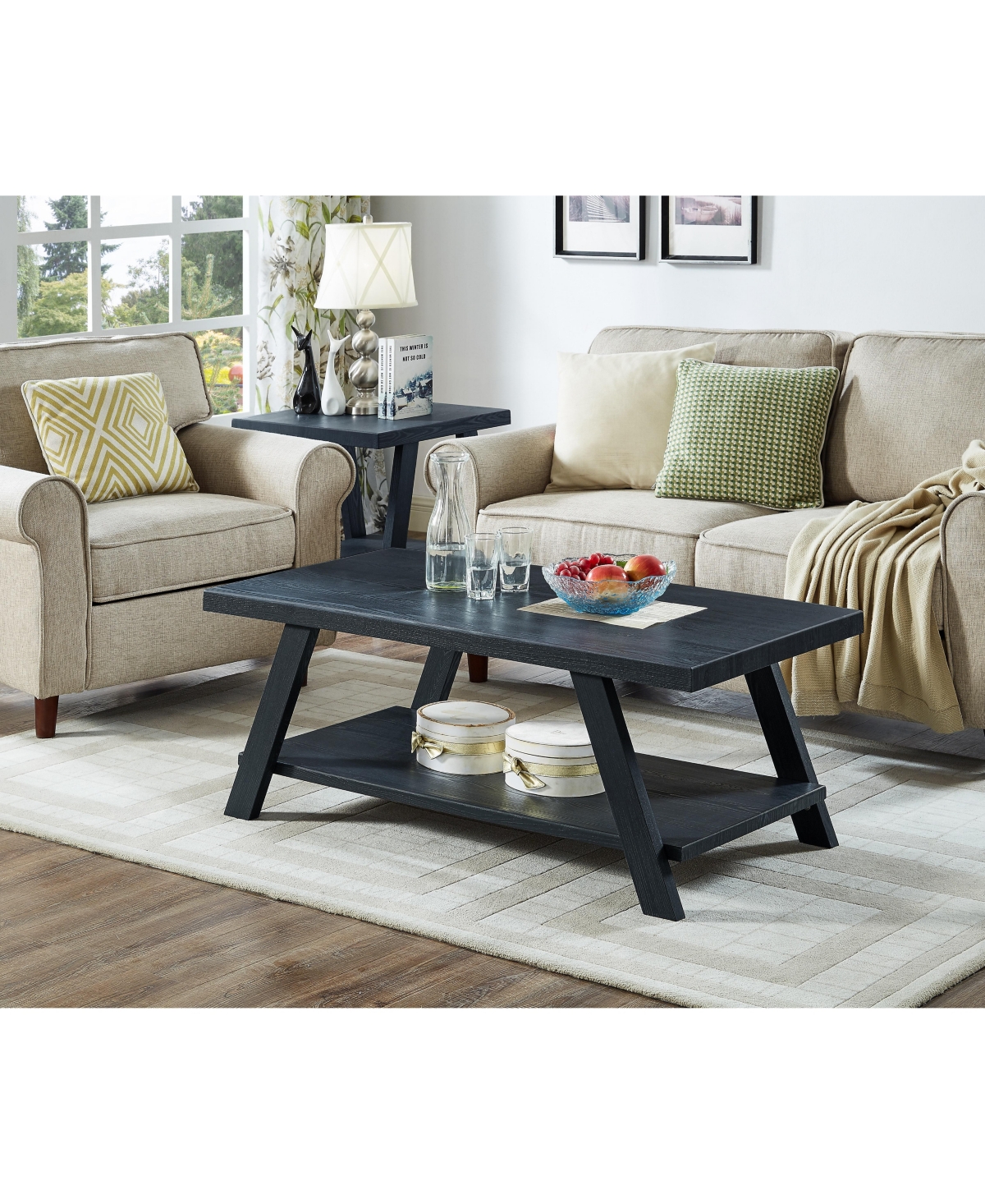 Streamdale Furniture Contemporary Replicated Wood Shelf Coffee Set Table in Black Finish