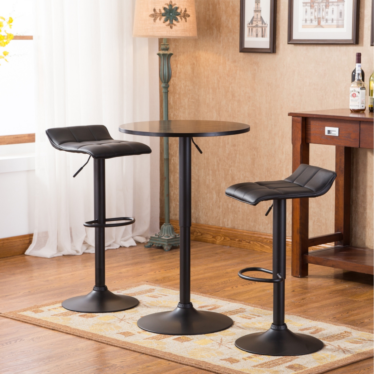 Streamdale Furniture Belham Black Round Top Adjustable Height Bar Table and 2 Bonded Leather Swivel Bar Stools