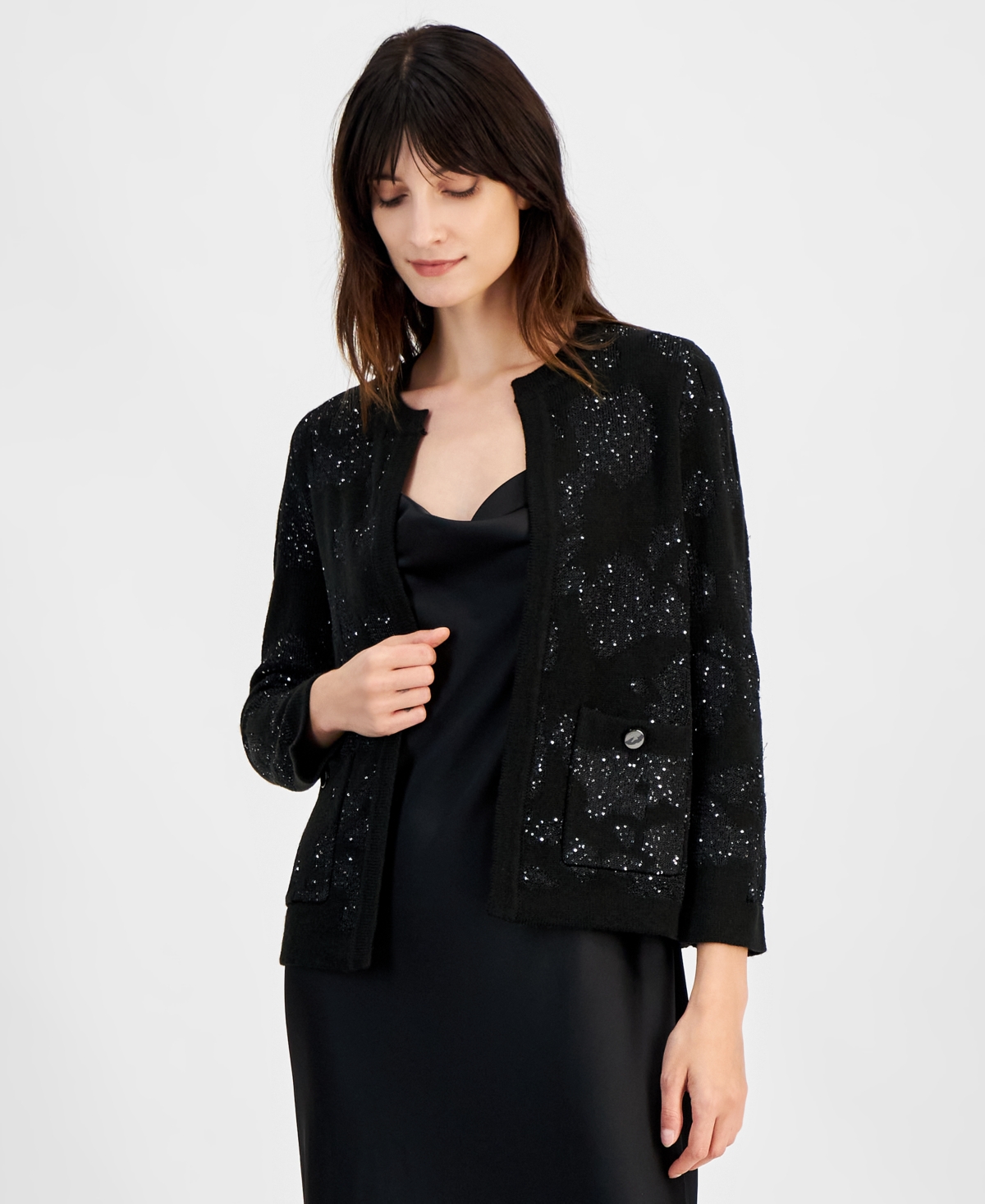 Anne Klein Women's Open-front Patch-pocket Sequin Cardigan, Created For Macy's In Anne Black