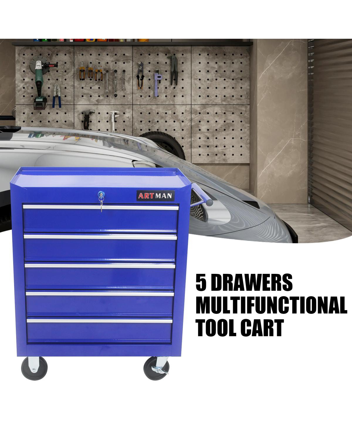 Simplie Fun 5 Drawers Multifunctional Tool Cart With Wheels-Blue