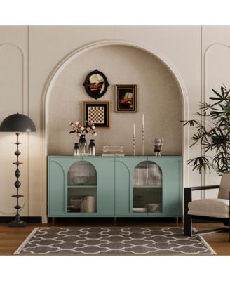 Mint Green Accent Cabinet 4 Glass Doors, Adjustable Storage