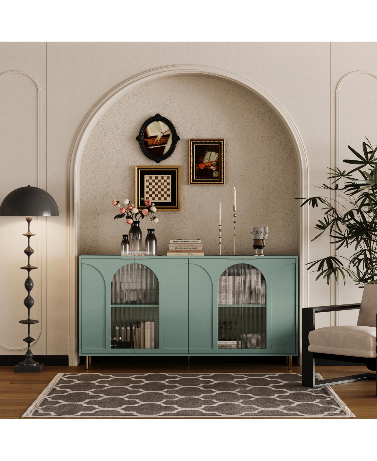 Streamdale Furniture Mint Green Accent Cabinet 4 Glass Doors, Adjustable Storage