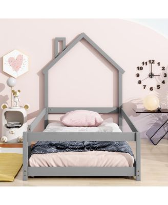 Streamdale Twin-Size Wood Floor Bed with House Headboard and Fences