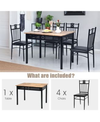 5 Pieces Dining Set Wood Metal Table and 4 Chairs with Cushions