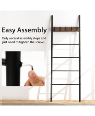 Wall-Leaning Decorative Blanket Holder with 5 Removable Hooks