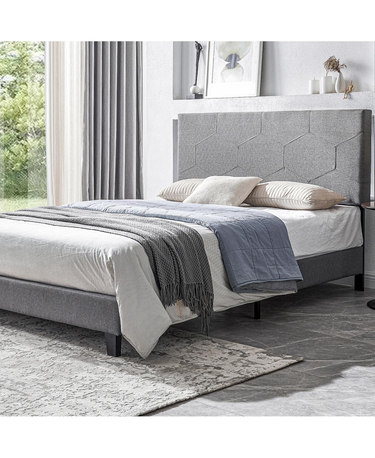 Streamdale Furniture Size Upholstered Platform Bed Frame, Wood Slat Support, Easy Assembly,- Grey
