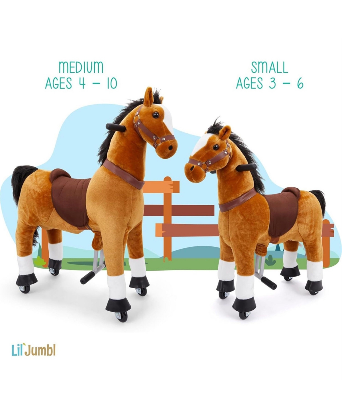 Jumbl Lil Ride on Horse, Kids Ride on Toy w/Realistic Sounds & Wheels - Brown