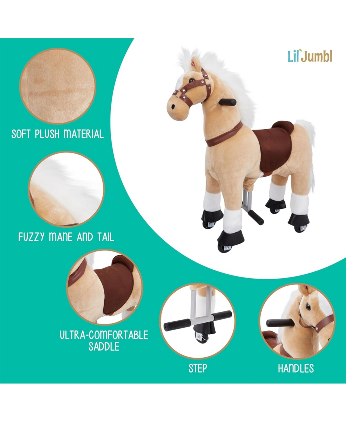 Jumbl Lil Ride on Horse, Kids Ride on Toy w/Sounds & Wheels (Off-White)