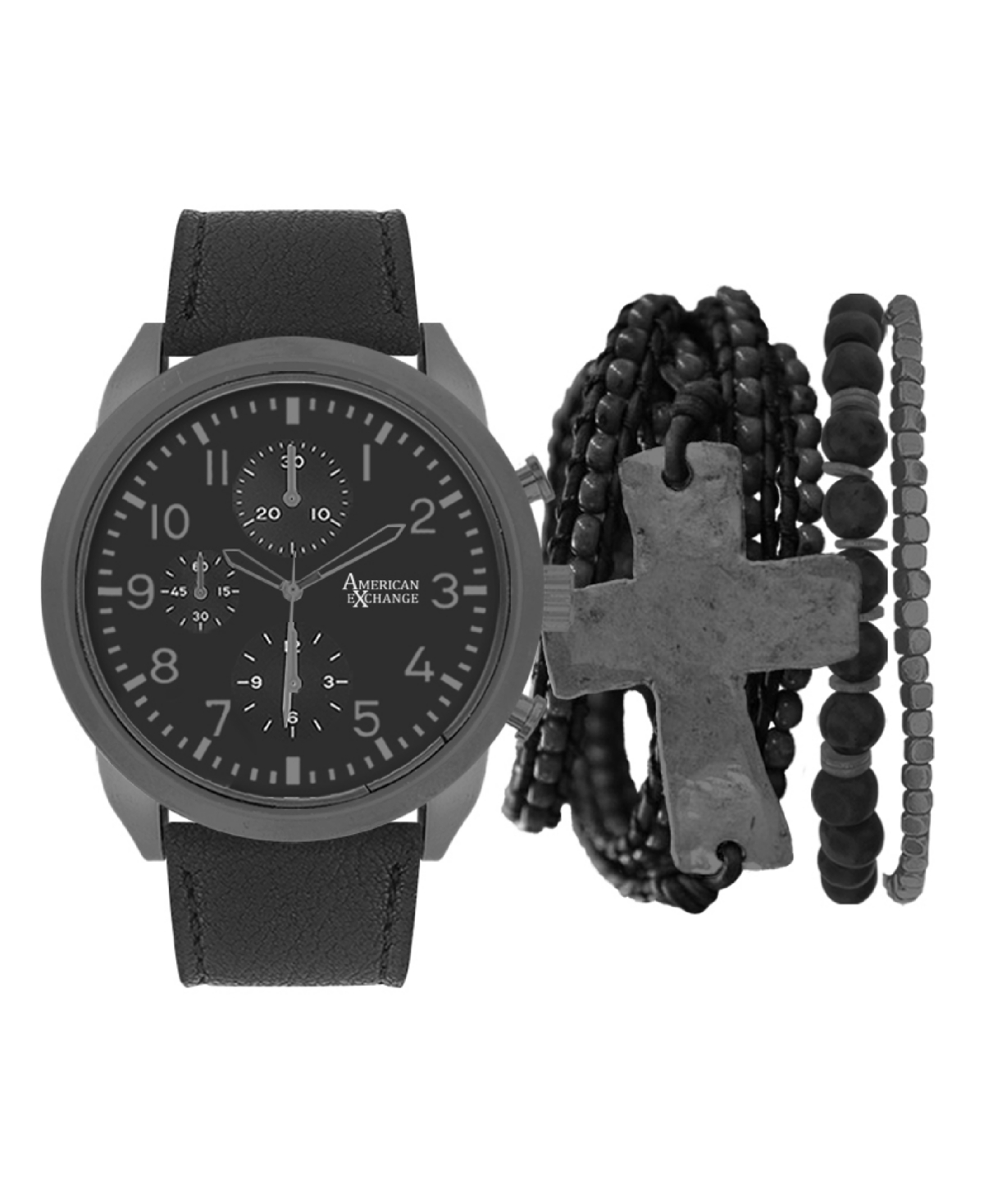 Men's Black Leather Strap Analog Watch 51mm with Stackable Bracelets Gift Set - Black