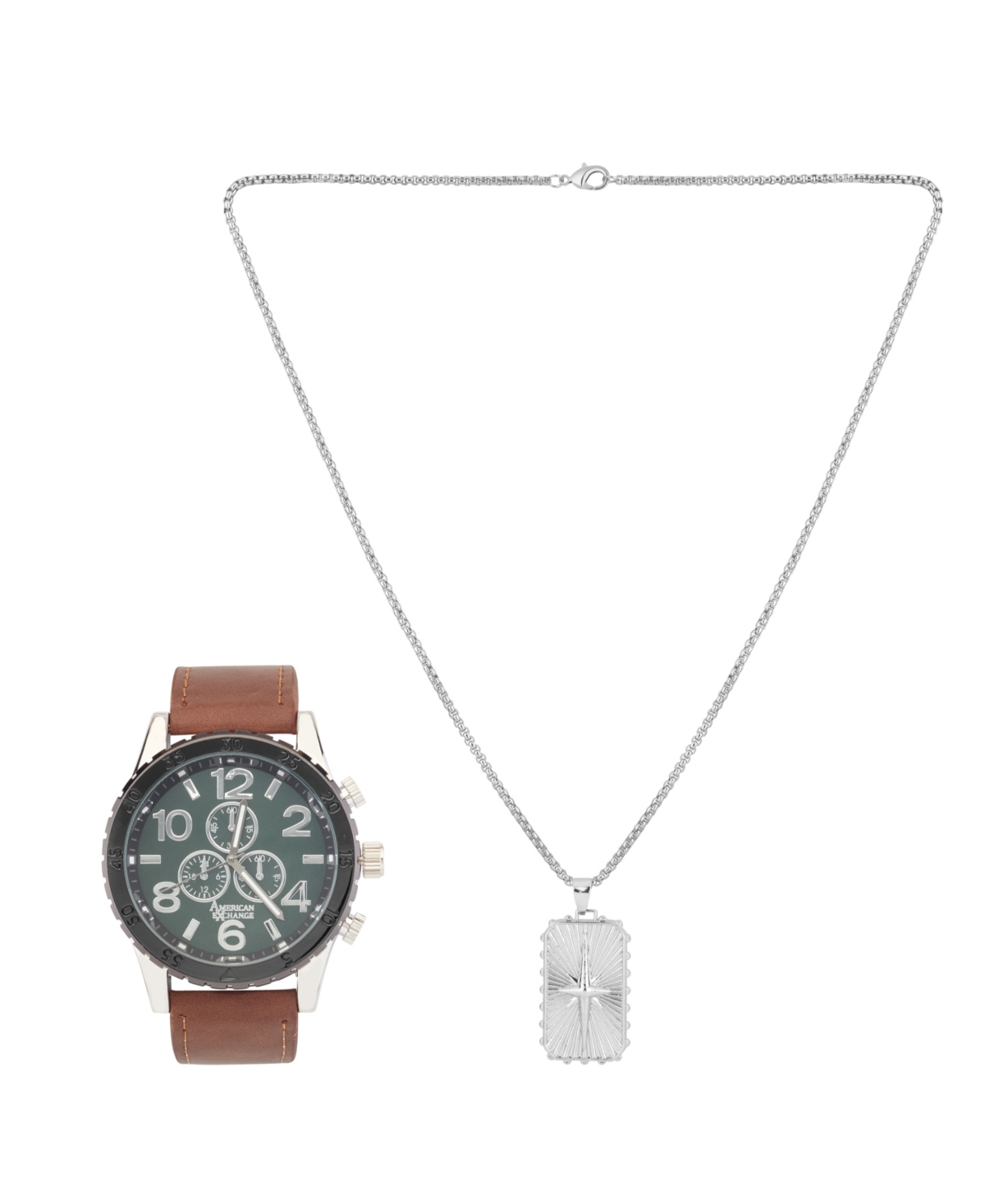 AMERICAN EXCHANGE MEN'S BLACK POLYURETHANE LEATHER STRAP ANALOG WATCH 48MM WITH PENDANT NECKLACE GIFT SET 