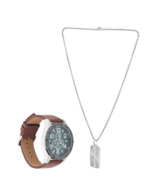 Men's Black Polyurethane Leather Strap Analog Watch 48mm with Pendant Necklace Gift Set