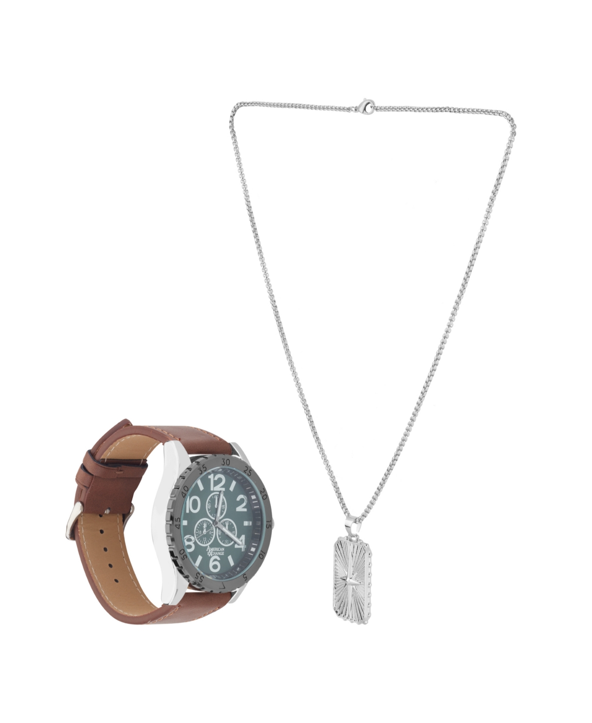 AMERICAN EXCHANGE MEN'S BLACK POLYURETHANE LEATHER STRAP ANALOG WATCH 48MM WITH PENDANT NECKLACE GIFT SET 