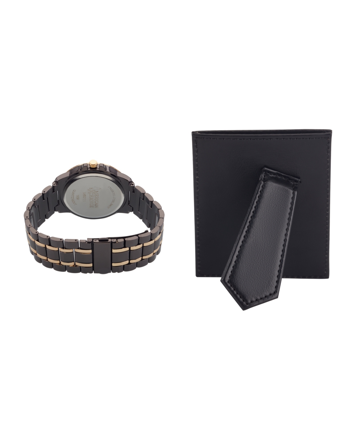 AMERICAN EXCHANGE MEN'S TWO-TONE METAL ALLOY BRACELET ANALOG WATCH 42MM GIFT SET 