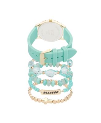 Women's Matte Teal Silicone Strap Analog Watch 38mm with Stackable Bracelets Gift Set