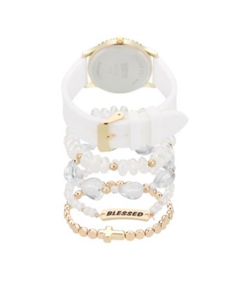 Women's Matte White Silicone Strap Analog Watch 38mm with Stackable Bracelets Gift Set