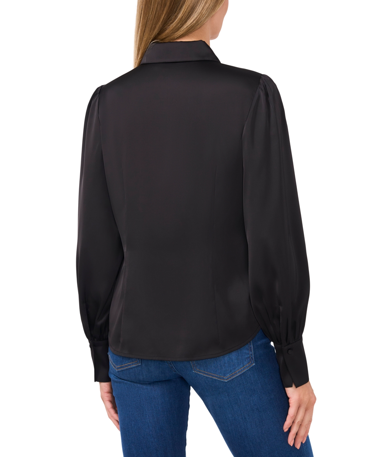 Cece Long Sleeve Blouse With Rhinestone Buttons & Exaggerated Collar In Rich Black