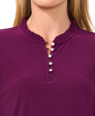 Women's Ruffle-Trim Long Sleeve Knit Top with Rhinestone Buttons