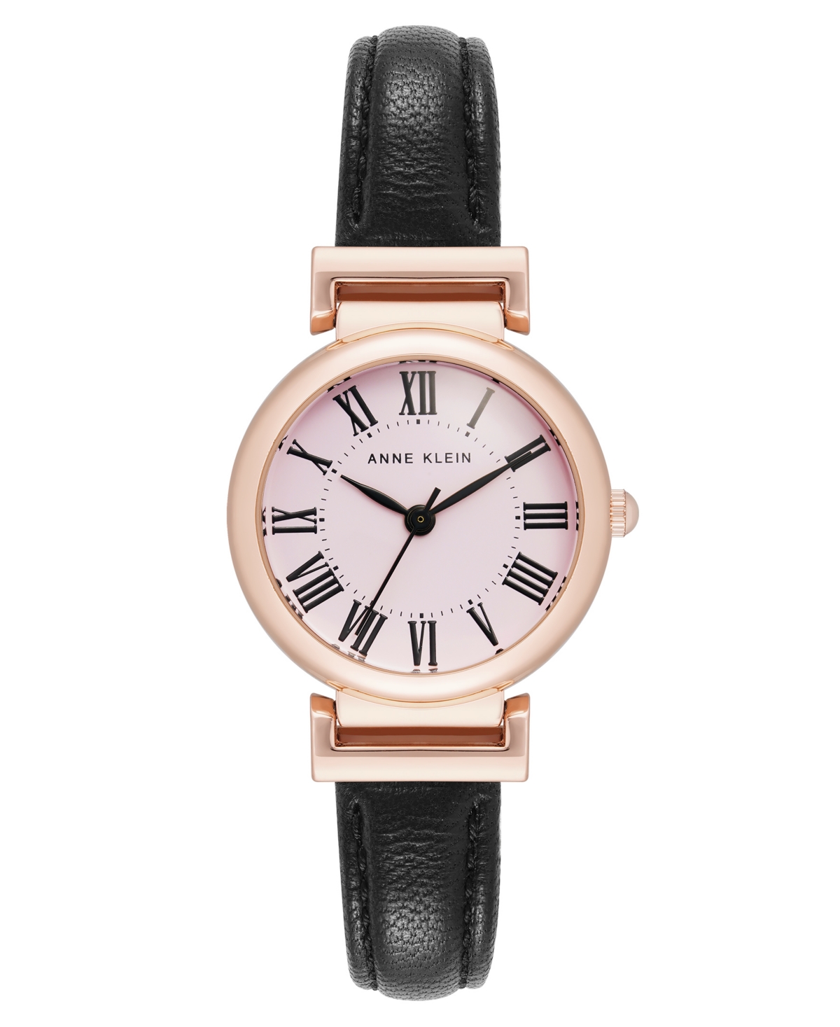 Anne Klein Women's Quartz Black Classic Leather And Rose Gold-tone Alloy Metal Strap Watch, 28mm In Black,pink,rose Gold-tone