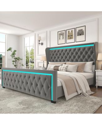 Grey Velvet Platform Bed with LED Headboard