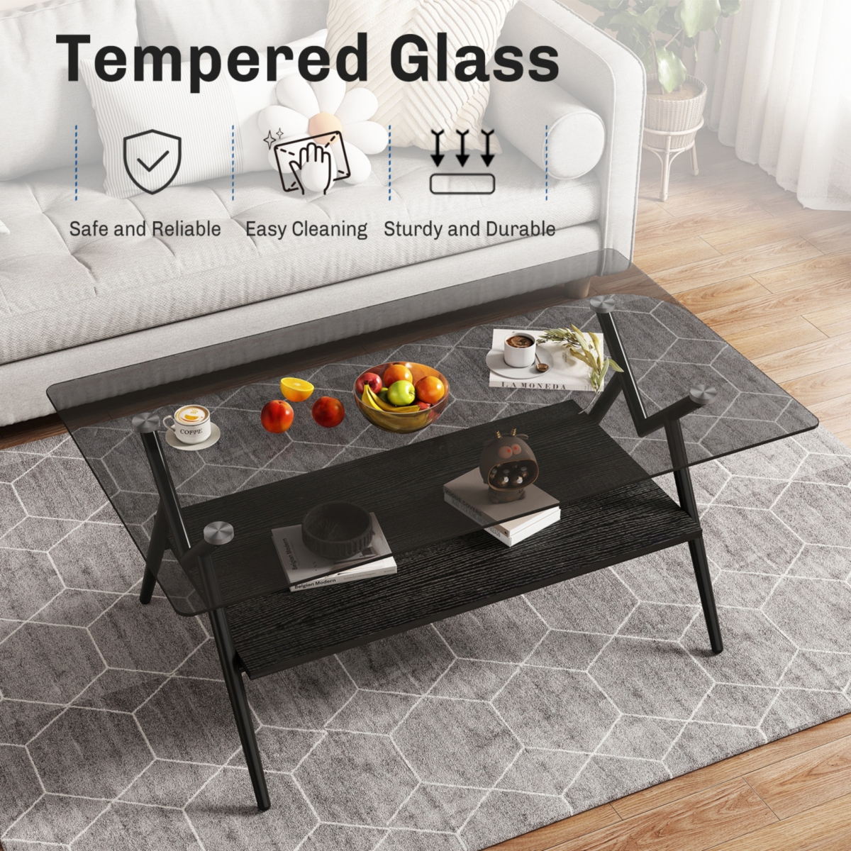 Streamdale Furniture Modern Glass Coffee Table with Black Mdf Shelf