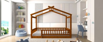 Streamdale Full Size Wood House Bed Frame with Fence, Natural