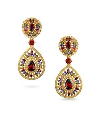 Multicolor Fashion Statement CZ Long Teardrop Dangling Statement Chandelier Earrings Prom Yellow Gold Plated