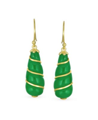 Classic Green Jade Teardrop Twisting Swirl Dangle Earrings Gold Sterling Silver