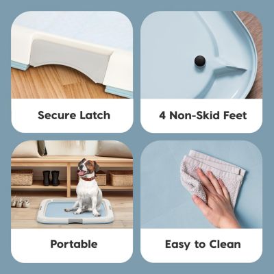 Holder, Fits 23"x23" or Larger, Medium, Puppy Dog Pad Hoder, Secured Latches, Non-Skid Rubber Feet, High Polish Finish for Easy Cleaning, Leak Protection, Dog Potty Tray, Blue