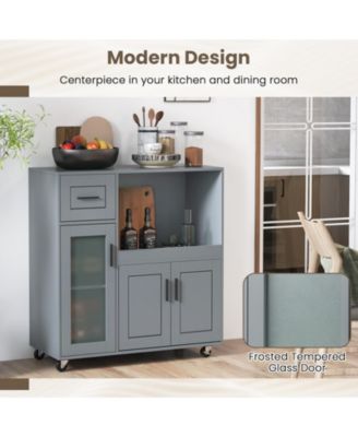 Rolling Kitchen Island with Wheels Drawer and Glass Door Cabinet