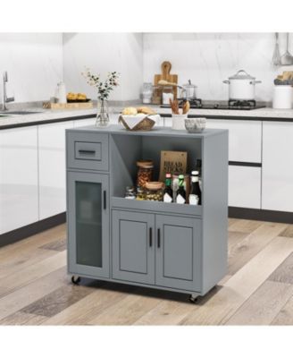 Rolling Kitchen Island with Wheels Drawer and Glass Door Cabinet
