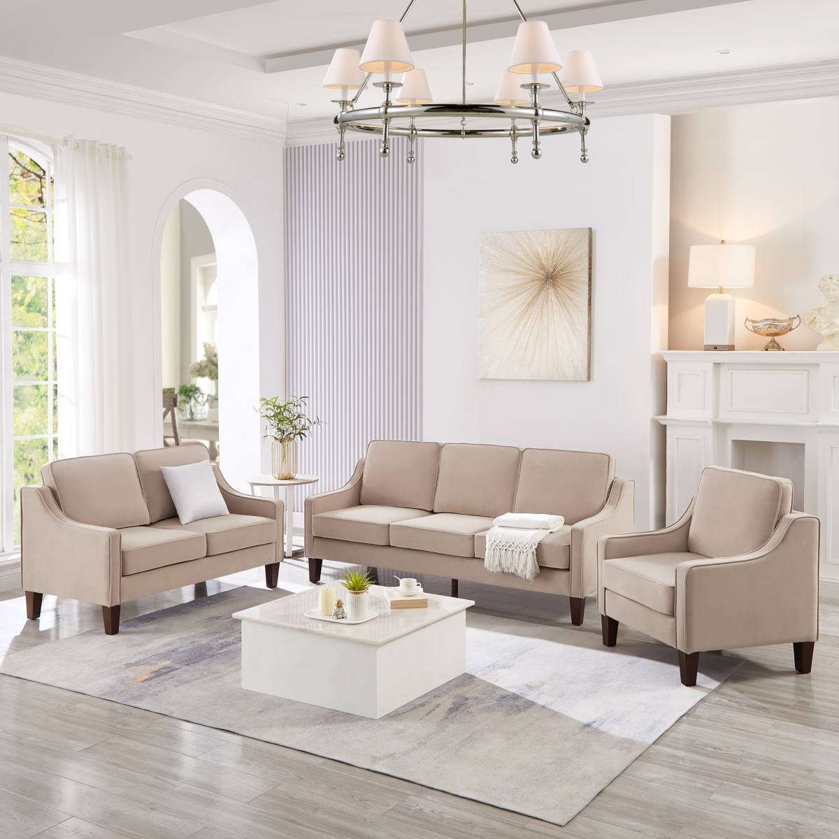 Simplie Fun Velvet Loveseat Sofa with Wooden Legs, Taupe