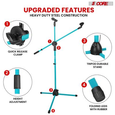 Mic Stand 4 Pcs Collapsible Height Adjustable 31 to 59” Dual Metal Microphone Tripod Stand w Boom Arm Stand Para Microfono for Singing, Karaoke, Stage and Outdoor Activities Sky Blue - MS DBL G SKY BLU 4pcs