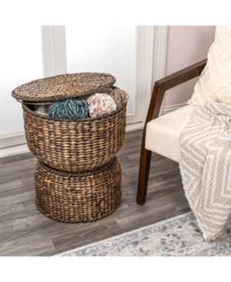 Bhola 18" Hourglass Handwoven Hyacinth Storage Accent Table with Lid