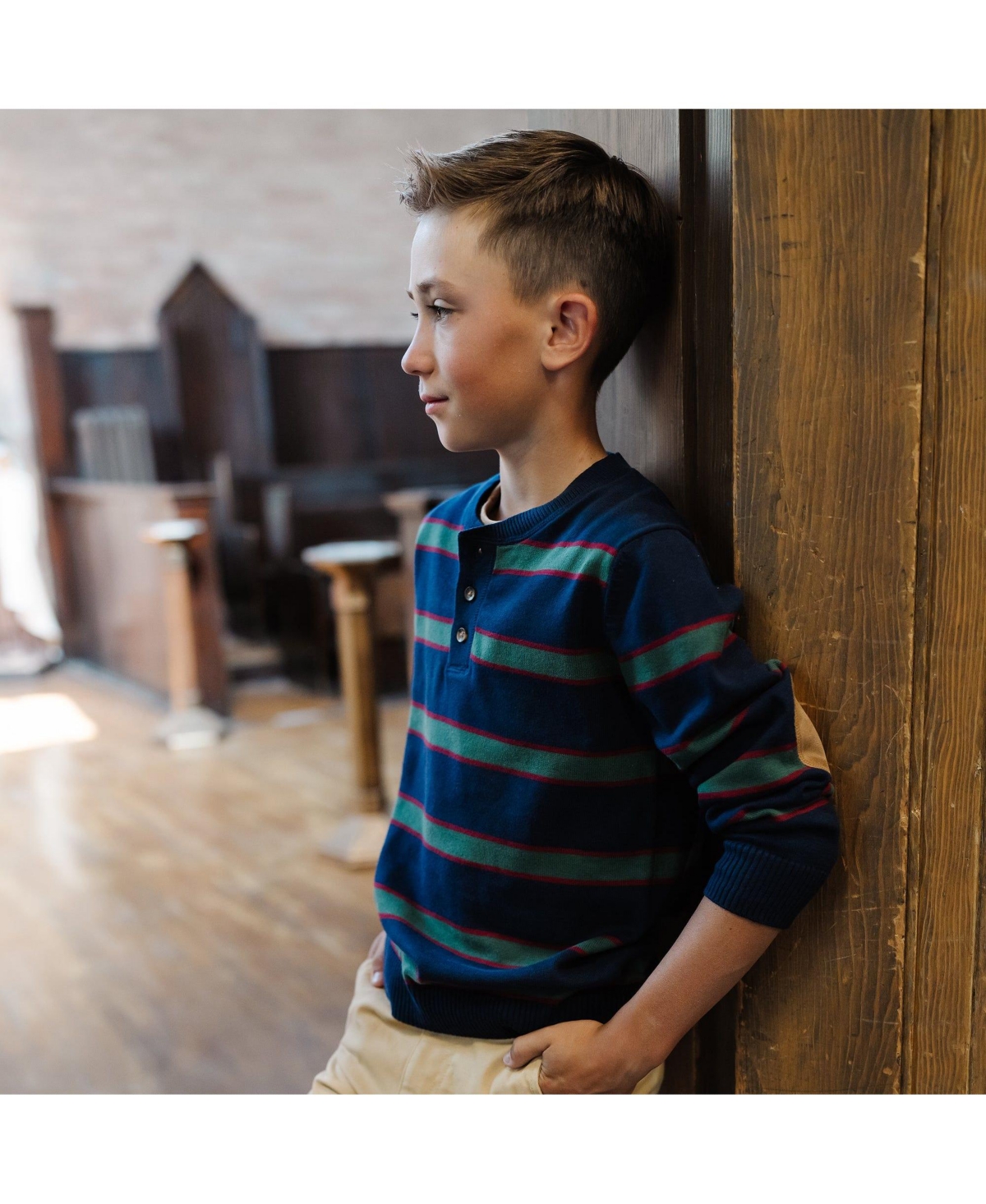 Hope & Henry Boys Organic Long Sleeve Henley Pullover Sweater with Elbow Patches Organic Long Sleeve Cable Henley Pullover Sweater with Elbow Patches