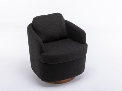 Black Boucle Swivel Accent Chair with Wood Base