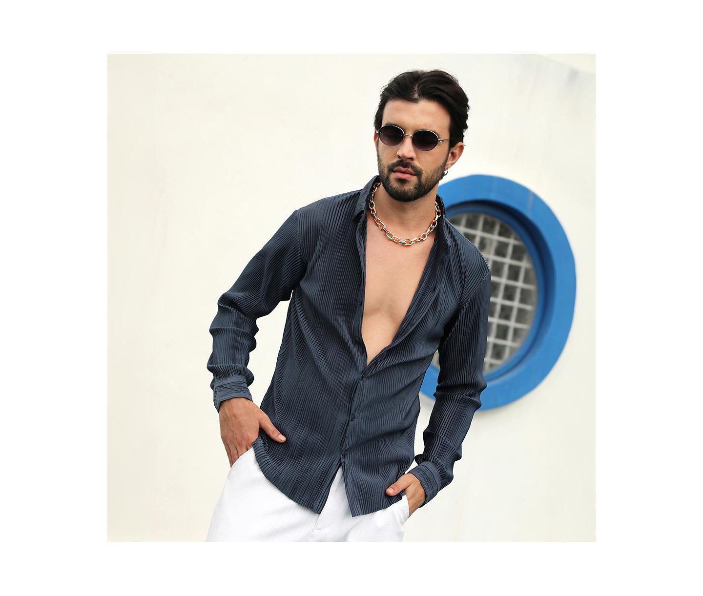 Мужская рубашка Campus Sutra Navy Blue Pleat-Creased, цвет: Синий — фото 6