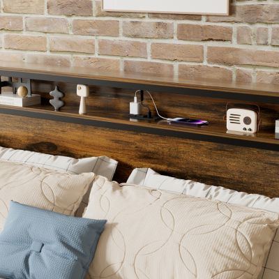 Queen Bed Frame with LED Light, Storage, and Charging