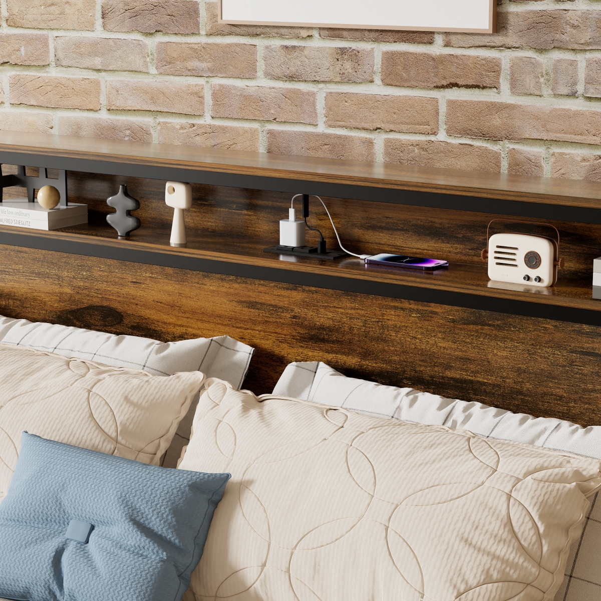 Streamdale Furniture Size Bed Frame, Storage Headboard with Led Light, Charging Station, Solid and Stable, Noise Free, No Box Spring Needed, Eas