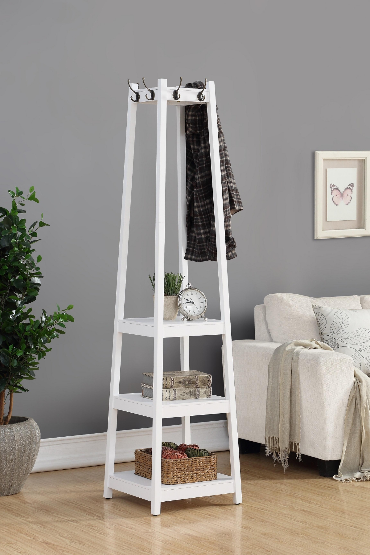 Coat Rack w/ 3-Tier Storage Shelves in White Finish - White