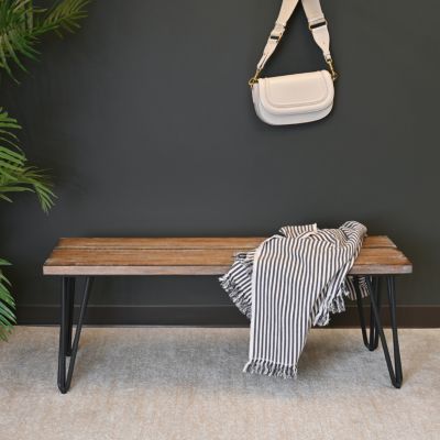 Streamdale Industrial Wood Dining Bench, Rustic Dark Pine Finish