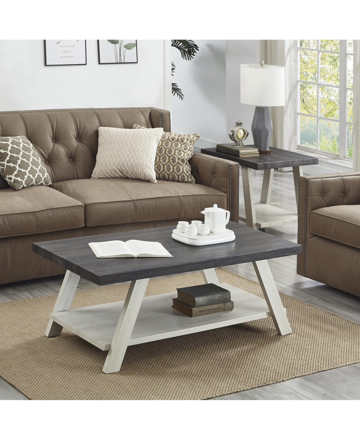 Streamdale Furniture Contemporary 3-Piece Wood Shelf Coffee Table Set in Weathered Charcoal and Beige