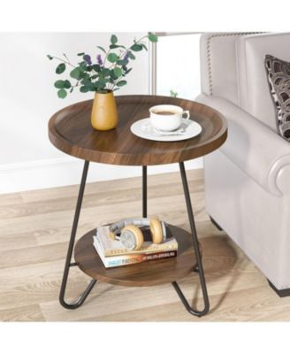 Round Side Table, 2-Tier End Table with Metal Legs, Modern Industrial Beside Table, Small Accent Table Snack Table for Living Room, Bedroom, Small Space, Easy Assembly