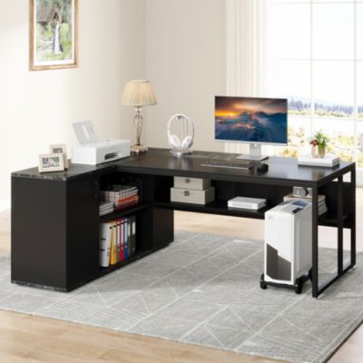 71 inch Executive Desk, L Shaped Desk with Cabinet Storage, Executive Office Desk with Shelves for Home Office