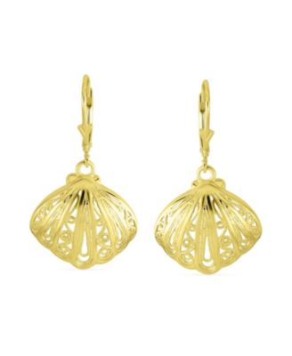 Hawaiian Seaside Seashell Dangle Stud Earrings Gold Plated Sterling Silver Lever Back