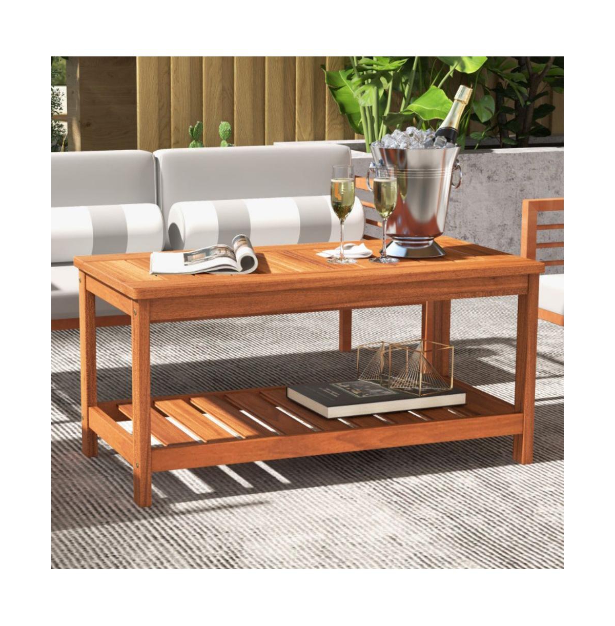 Sugift 2-Tier Patio Coffee Table with Slatted Tabletop and Shelf