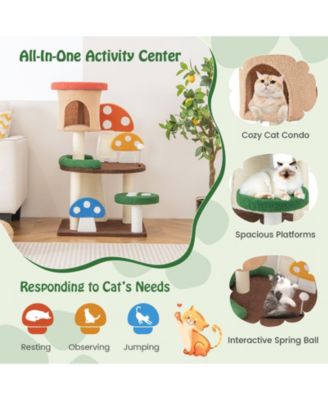 4-In-1 Mushroom Cat Tree with Condo Spring Ball and Sisal Posts