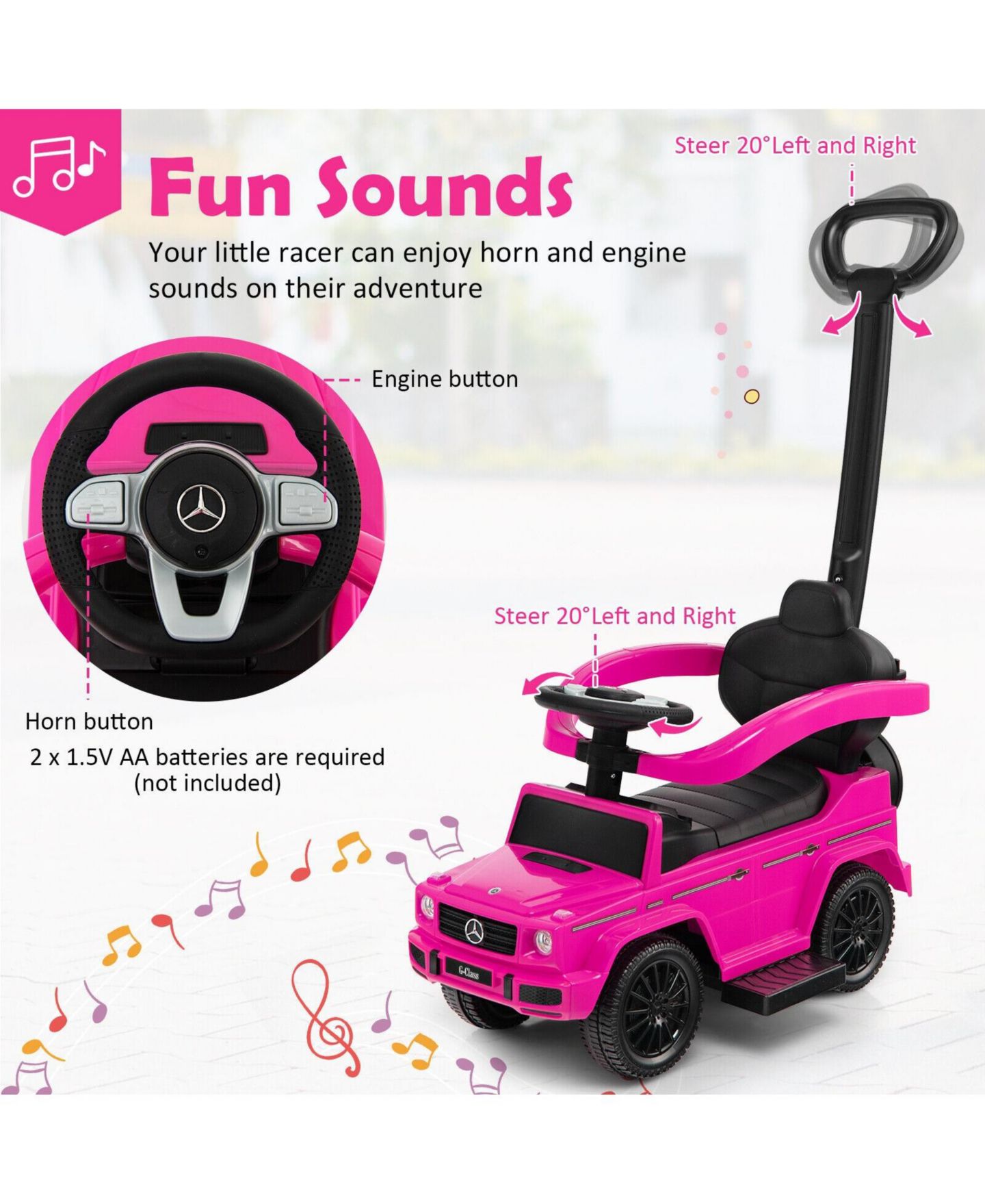 Детская игрушка SKONYON 3-in-1 Mercedes-Benz G350 Ride-On Push Car with Rotatable Canopy, Ages 12-36 Months, цвет: Розовый — фото 9